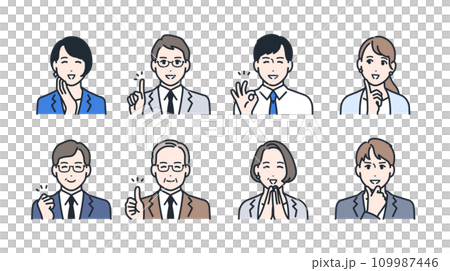彩色圖示插圖設定了表情快樂的商務人士的素材 彩色圖示插圖設定了表情快樂的商務人士的素材 109987446