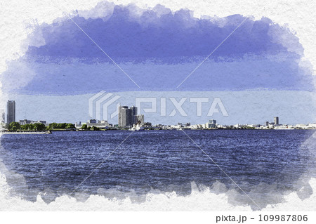 水彩画風 横浜港 子安周辺 神奈川県横浜市のイラスト素材 [109987806