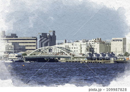 水彩画風　横浜港　瑞穂橋と高島線瑞穂鉄橋　神奈川県横浜市 109987828