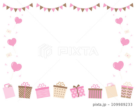 プレゼントとガーランドとハートの風船のバレンタインデーのフレーム02 109989233