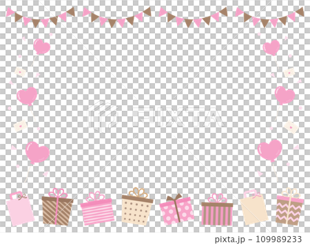 プレゼントとガーランドとハートの風船のバレンタインデーのフレーム02 109989233