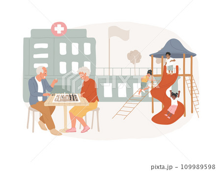 Community facilities isolated concept vector illustration. Public places, health centre, group of seniors, retirement home, kids playground, cultural activity, assisted nursing vector concept. Community facilities isolated concept vector illustration. Public places, health centre, group of seniors, retirement home, kids playground, cultural activity, assisted nursing vector concept. 109989598