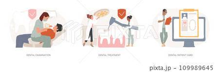 Dental care service isolated concept vector illustration set. Dental examination and treatment, patient card, oral test, dentist chair, toothache emergency help, orthodontic vector concept. Dental care service isolated concept vector illustration set. Dental examination and treatment, patient card, oral test, dentist chair, toothache emergency help, orthodontic vector concept. 109989645