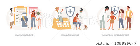 Public health program isolated concept vector illustration set. Immunization education and schedule, vaccination of teens, children vaccination calendar, infectious disease vector concept. Public health program isolated concept vector illustration set. Immunization education and schedule, vaccination of teens, children vaccination calendar, infectious disease vector concept. 109989647