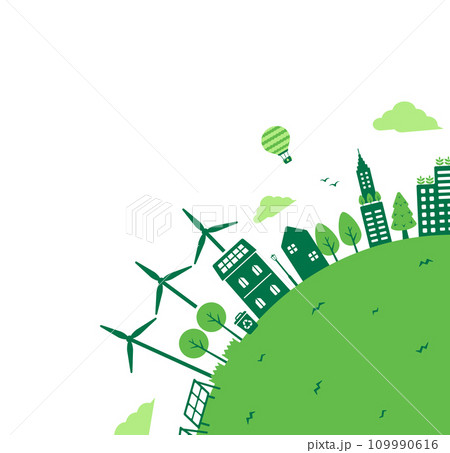 エコ・エコロジー・自然・環境保護に配慮した都市生活イメージ ベクターイラスト コーナーデザイン用 109990616