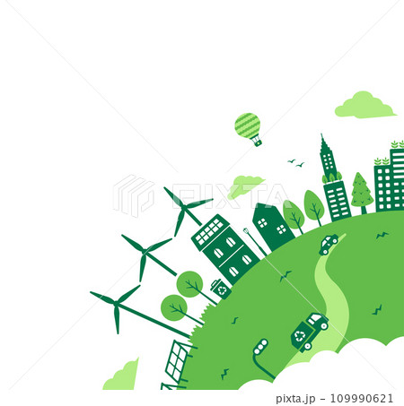 エコ・エコロジー・自然・環境保護に配慮した都市生活イメージ ベクターイラスト コーナーデザイン用 109990621