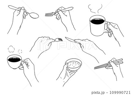 カトラリーや食器を持つ手・白下地あり 109990721