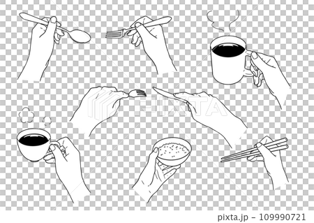 カトラリーや食器を持つ手・白下地あり 109990721