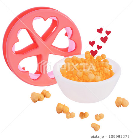 Valentine's movie night cheese popcorn with movie reel on transparent background, 3D rendering 109993375