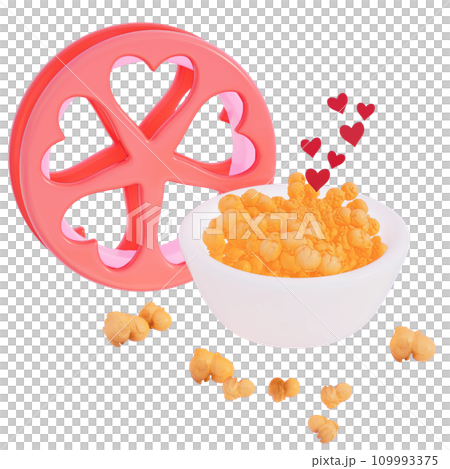 Valentine's movie night cheese popcorn with movie reel on transparent background, 3D rendering 109993375