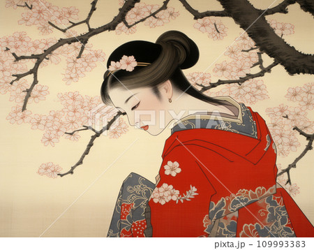 花見をする着物の女 浮世絵風 花見をする着物の女 浮世絵風 109993383
