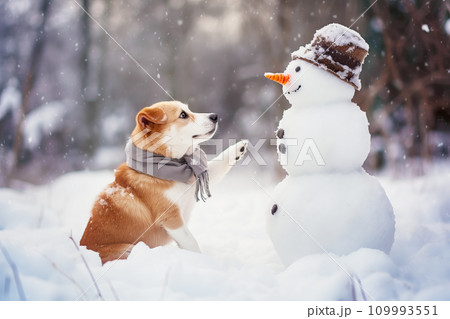 AI-generated content. Cute dog in scarf and snowman in winter forest 109993551