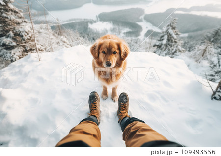 AI-generated content. Cute ginger dog standing by owner legs on snowy winter mountains landscape AI-generated content. Cute ginger dog standing by owner legs on snowy winter mountains landscape 109993556