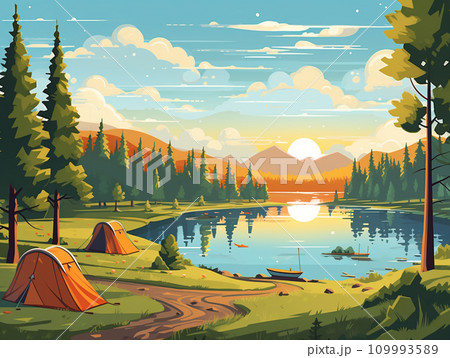 湖畔のキャンプ場　風景　イラスト 109993589