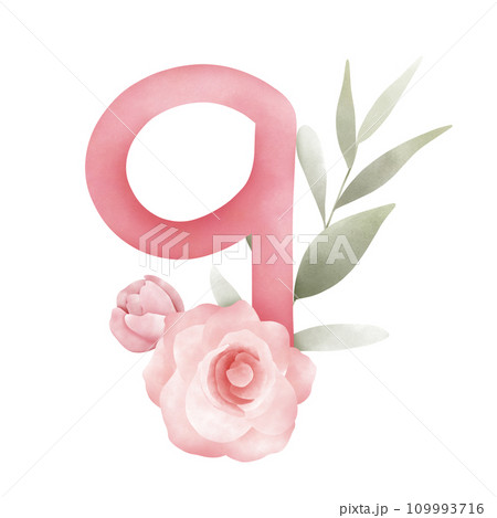 number set with pink watercolor flowers and leaves 109993716