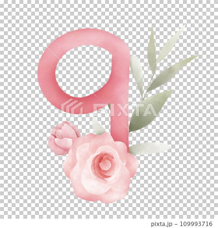 number set with pink watercolor flowers and leaves 109993716