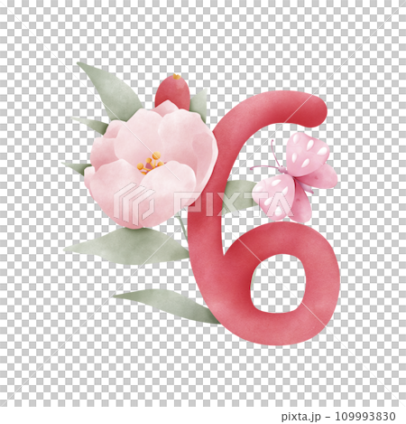 number set with pink watercolor flowers and leaves 109993830