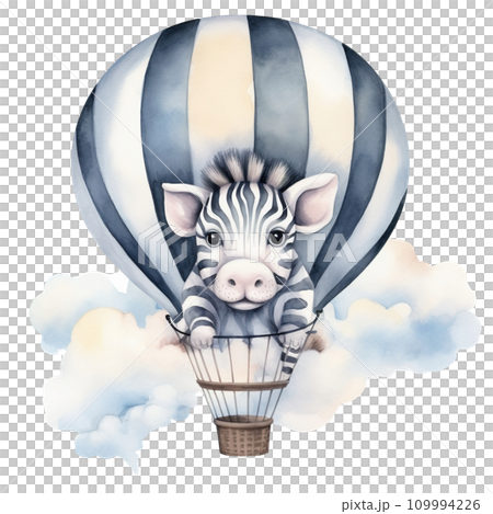 Adorable Zebra and Colorful Hot Air Balloon Watercolor Clipart for Baby's 1st Birthday, Ideal for Party Invitations, Classroom Decorations, and DIY Art Projects, Ai generative 109994226
