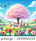 春の桜の下で花見をする家族 109994254