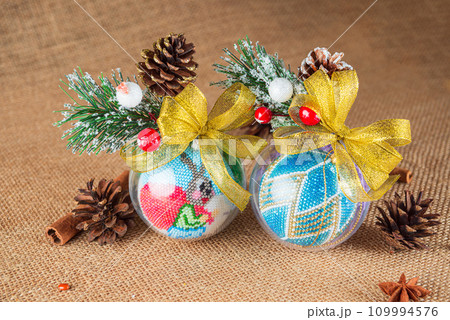Exquisite handmade Christmas bubble toy from beads, also known as a Christmas globe or Christmas bulb, is a part of holiday decor Exquisite handmade Christmas bubble toy from beads, also known as a Christmas globe or Christmas bulb, is a part of holiday decor 109994576