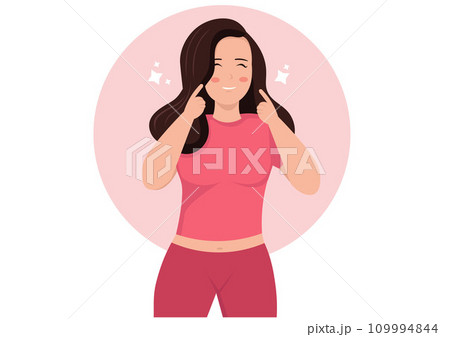 A happy woman raises her hand and pokes her cheek in a cute way. Vector illustration A happy woman raises her hand and pokes her cheek in a cute way. Vector illustration 109994844