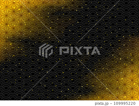 和柄背景 青海波と麻の葉 黒と金箔と金粉 和柄背景 青海波と麻の葉 黒と金箔と金粉 109995220