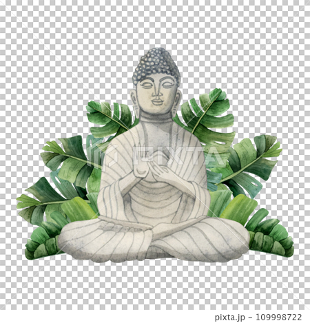 Meditating Buddha stone figurine with green tropical palm leaves watercolor illustration isolated on white background. Meditation and Buddhism for yoga and spa designs 109998722