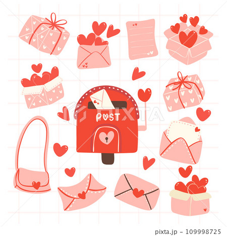 Valentine love Mail in Flat Design Cartoon hand drawn collection. Delivery hearts symbolic illustration. Valentine love Mail in Flat Design Cartoon hand drawn collection. Delivery hearts symbolic illustration. 109998725