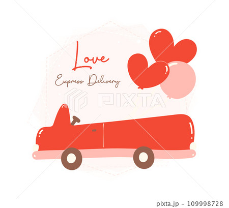 Valentine love delivery car. Cute Kawaii vehicle in love Theme with balloons in Flat Design. Valentine love delivery car. Cute Kawaii vehicle in love Theme with balloons in Flat Design. 109998728