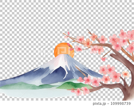 Watercolor illustration of Japan's Mt. Fuji, first sunrise (morning sun), and plum tree 109998739