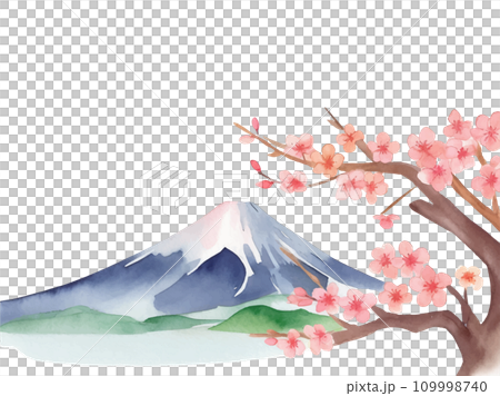 Watercolor illustration of Japan's Mt. Fuji and plum blossoms Watercolor illustration of Japan's Mt. Fuji and plum blossoms 109998740