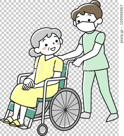 A female nurse pushing a wheelchair with a female patient in it 109998967