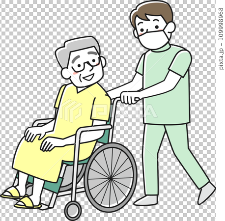 Male nurse pushing a wheelchair with a male patient in it 109998968
