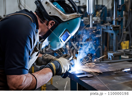 鉄鋼建設の会社、職場の工場で防護服を着た溶接工の作業風景　AI生成画像 110000198