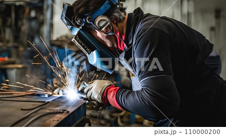 溶接工労働者、工場で溶接機を使った作業風景　AI生成画像 110000200
