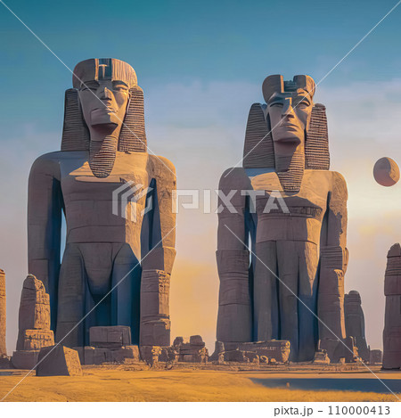 Ancient Colossi, two massive stone statues, ancient civilization, Egypt 110000413