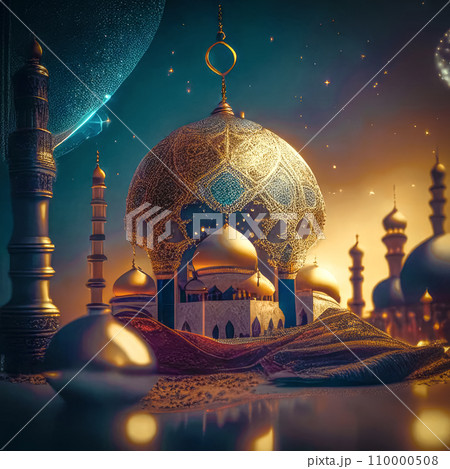 Islamic lantern, crescent over mosque for Ramadan Kareem and Eid Mubarak. 110000508