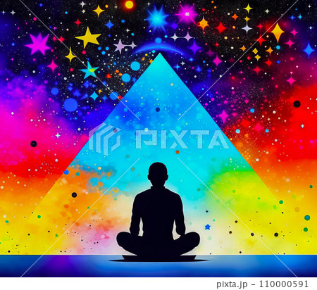 Transcendental chakras, cosmic meditation, human silhouette. Concept of meditation, spirituality, enlightenment 110000591