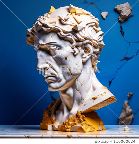 Bust of a marble statue with its head flying into fragments, concept of deformation, destruction Bust of a marble statue with its head flying into fragments, concept of deformation, destruction 110000624