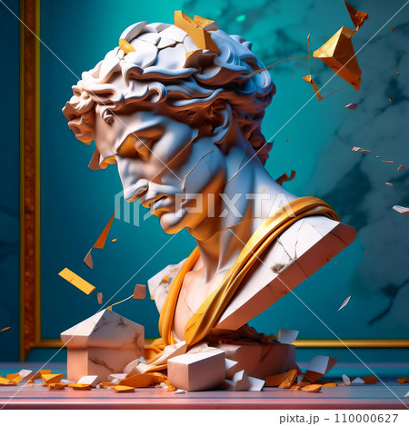 Bust of a marble statue with its head flying into fragments, concept of deformation, destruction Bust of a marble statue with its head flying into fragments, concept of deformation, destruction 110000627