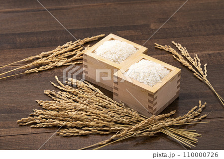 桝に盛った白米と籾 110000726