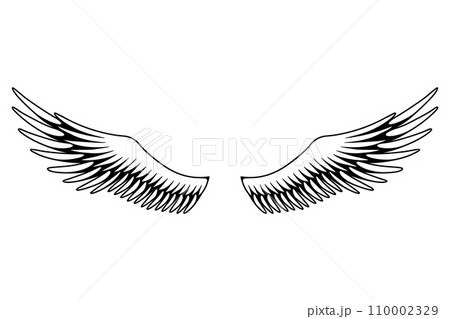 Wings sketch. Stylized birds wings. Hand drawn contoured stiker wing in open position. Vector design elements in coloring style Wings sketch. Stylized birds wings. Hand drawn contoured stiker wing in open position. Vector design elements in coloring style 110002329