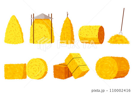 Collection of hays. Flat vector illustration dried haystacks with fork. Rolls of hay. A supply of feed for livestock, the object of agriculture. Farm straw bale nature agriculture 110002416