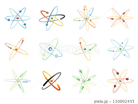 Atom symbols of nuclear energy icon set. Scientific research and molecular chemistry. Vector atomic structure with orbital electrons nucleus, protons and neutrons 110002435