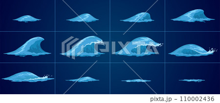 Animation water wave frame set. Water splash for animation and visual effects. Sea or ocean wave with drops or splatters. Cartoon vector illustration 110002436