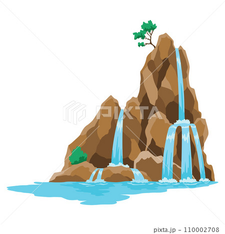 Cartoon river cascade waterfall. Landscape with mountains and trees. Design element for travel brochure or illustration mobile game. Fresh natural water Cartoon river cascade waterfall. Landscape with mountains and trees. Design element for travel brochure or illustration mobile game. Fresh natural water 110002708