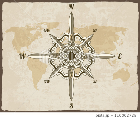 Retro nautical compass. Hand drawn wind rose on map background. Old vector design element for marine theme and heraldry. Vintage rose of wind for sea marine navigation Retro nautical compass. Hand drawn wind rose on map background. Old vector design element for marine theme and heraldry. Vintage rose of wind for sea marine navigation 110002728