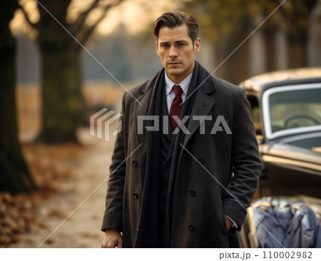 Elegant portrait of a well-dressed man in a classic overcoat and scarf, standing by a polished luxury sedan. Elegant portrait of a well-dressed man in a classic overcoat and scarf, standing by a polished luxury sedan. 110002982