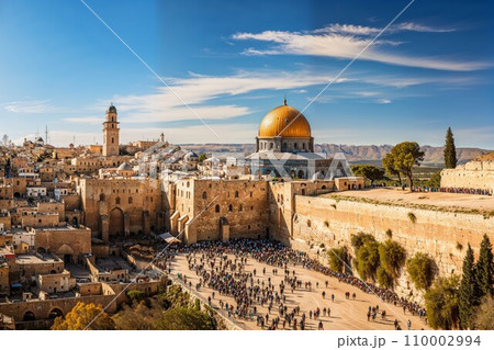 Showcasing the Western Wall alongside the Dome of the Rock, emphasizing the historical significance. Showcasing the Western Wall alongside the Dome of the Rock, emphasizing the historical significance. 110002994