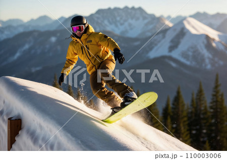 Dramatic photo of a snowboarder executing an intricate trick on a snowy slope, capturing the speed and agility required for extreme snowboarding Dramatic photo of a snowboarder executing an intricate trick on a snowy slope, capturing the speed and agility required for extreme snowboarding 110003006